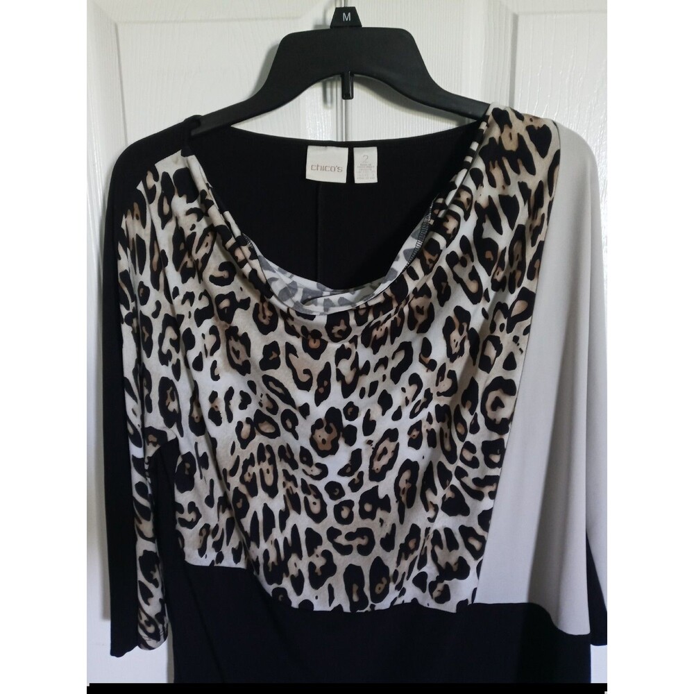 CHICO'S Women's Animal Colorblocked Top Size 2 Large Drape Neck 3/4 Sleeve